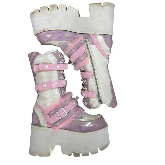 Demonia Ashes-120‎ holographic patent chunky platform boots women size 8 Pink - Picture 8 of 12